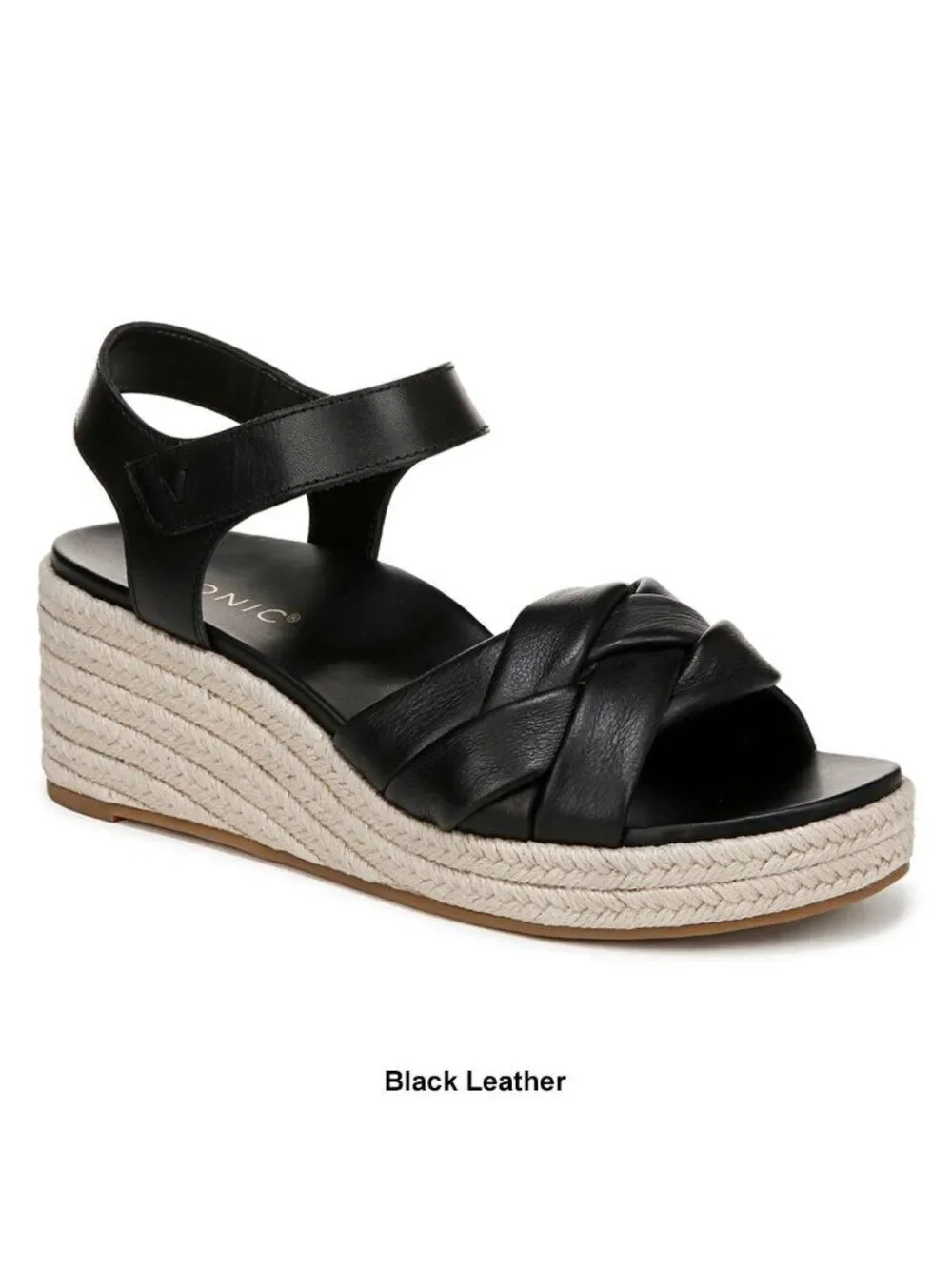 Vionic Saratoga Supportive Black Leather Espadrille Wedge Sandals Womens 6